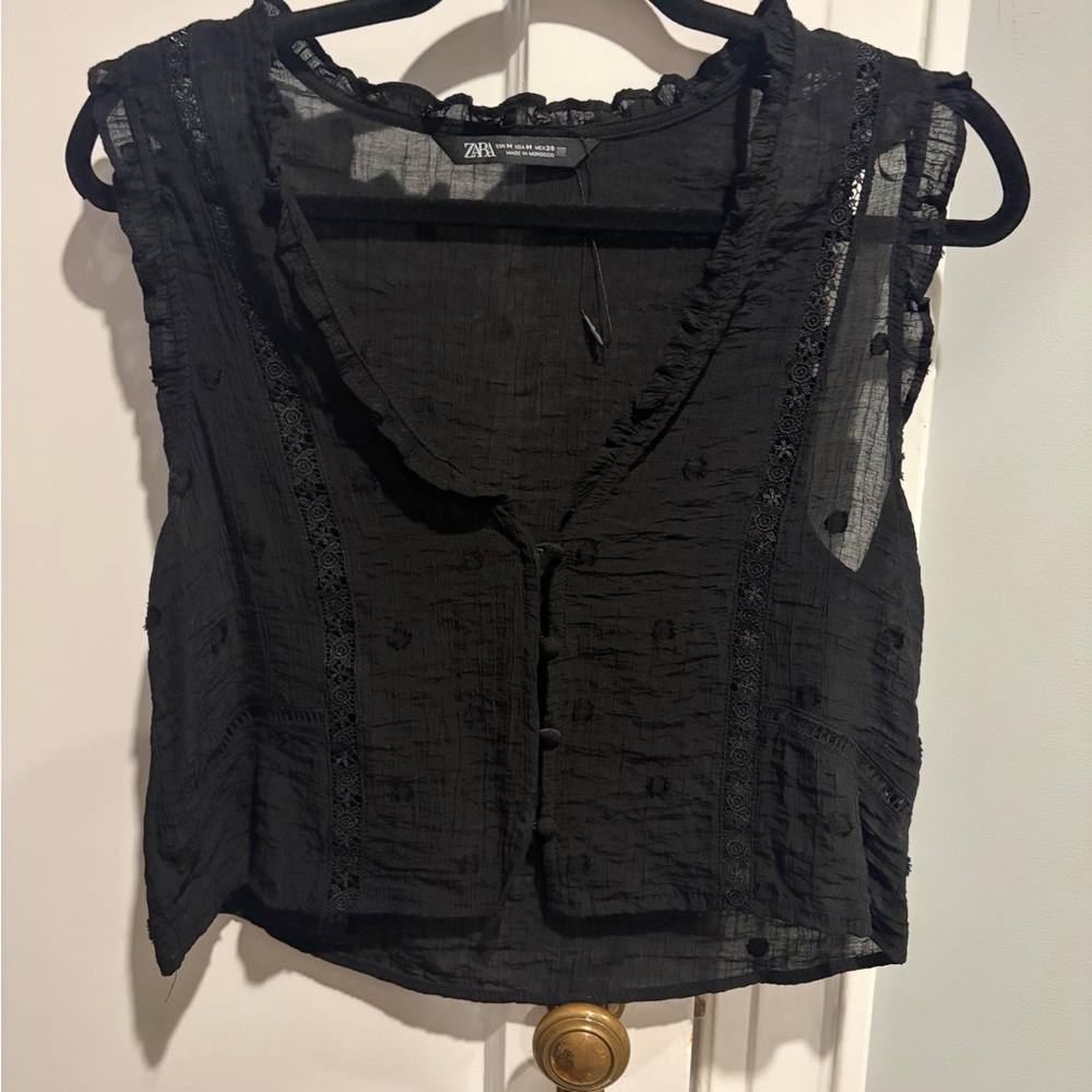 Zara Black Sheer Lace-Trim Button Front Camisole